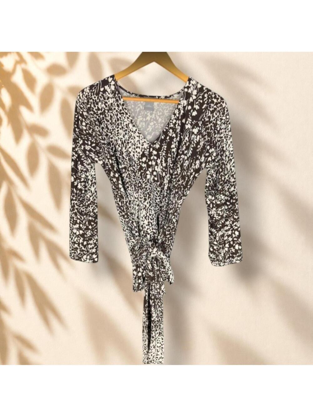 Ann Taylor Blouse Women S Small Brown Animal Print V-Neck Long Sleeve Belted